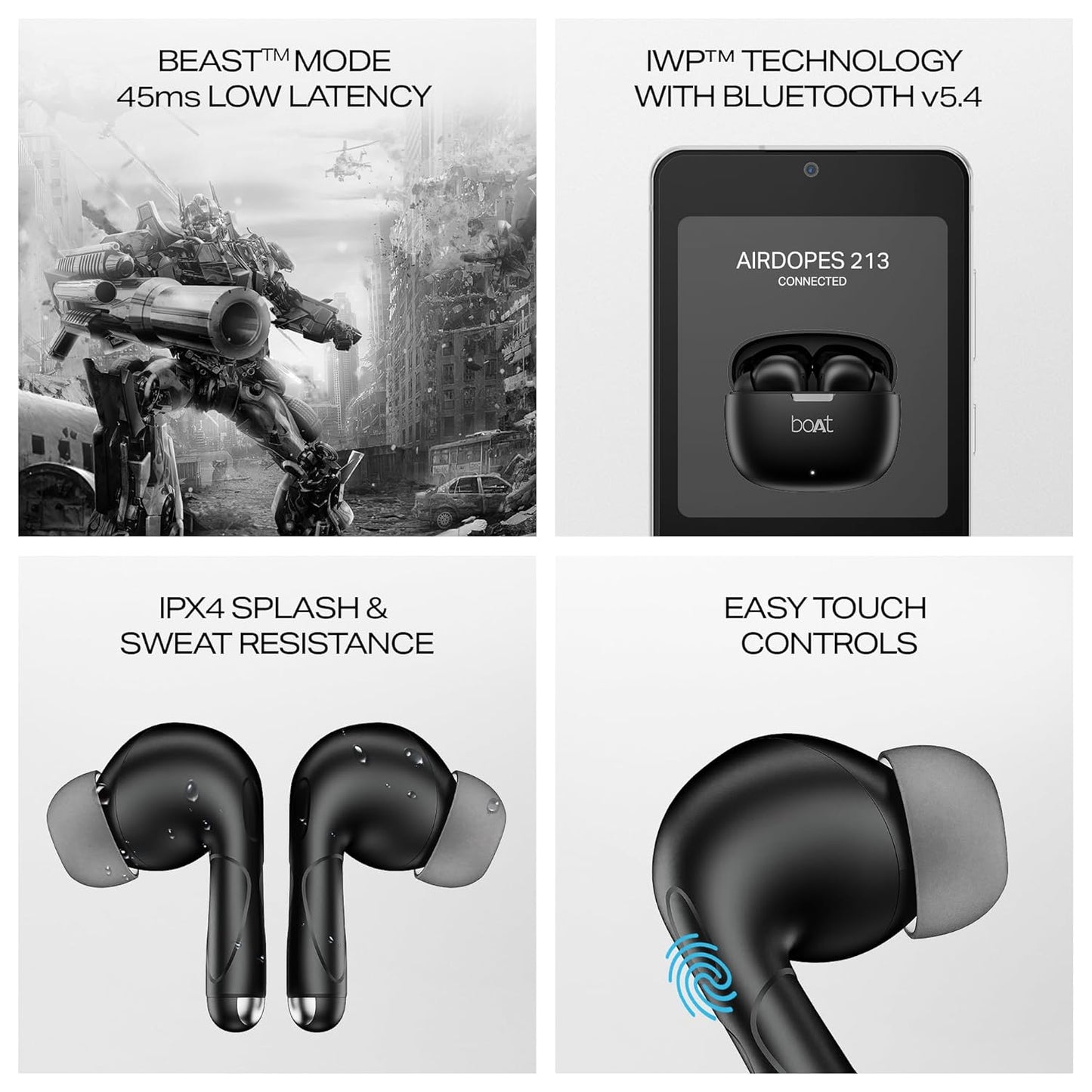 boAt Airdopes 213, ENx Tech, Beast Mode-(Shadow Black)