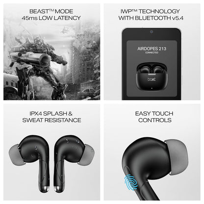 boAt Airdopes 213, ENx Tech, Beast Mode-(Shadow Black)