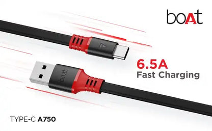 boAt Type C A750 6.5A Flat Super Fast Charging Cable Upto 65W/6.5Amp